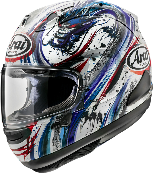 Arai Corsair-X Kiyonari Trico frost motorcycle helmet in 2XL with aerodynamic design and detailed graphics.