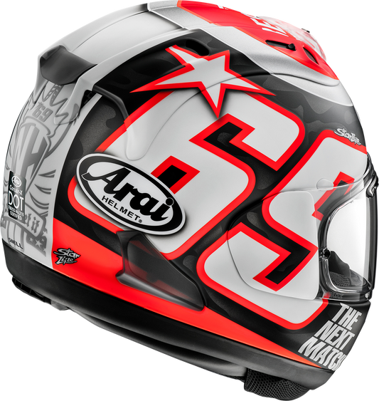 Arai Corsair-X Nicky Reset Frost motorcycle helmet in small size with a sleek, aerodynamic design and vibrant frost blue finish.