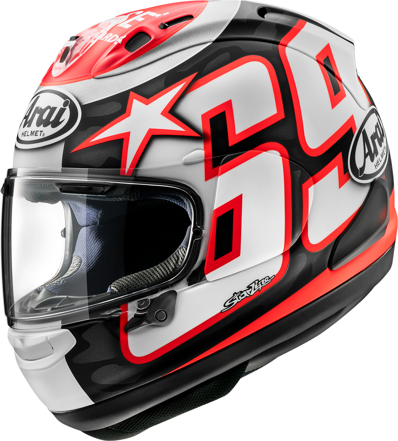 Arai Corsair-X Nicky Reset Frost 2XL motorcycle helmet in white with blue and black accents, featuring aerodynamic design and Visor.