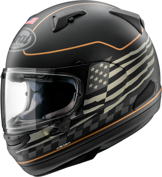 Arai Signet-X motorcycle helmet with US flag and black frost design, medium size, featuring sleek aerodynamic shape and visor.