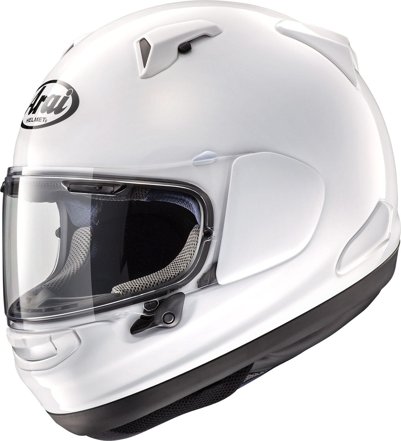 Arai Signet-X motorcycle helmet in diamond white, 2XL size, with clear visor and aerodynamic design.
