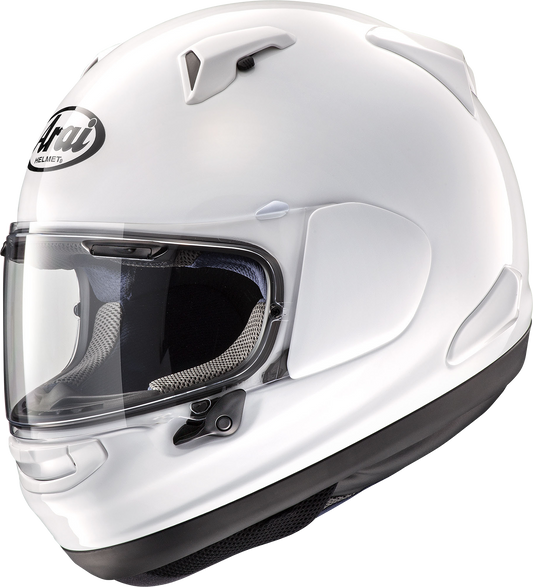 Arai Signet-X motorcycle helmet in diamond white, 2XL size, with clear visor and aerodynamic design.