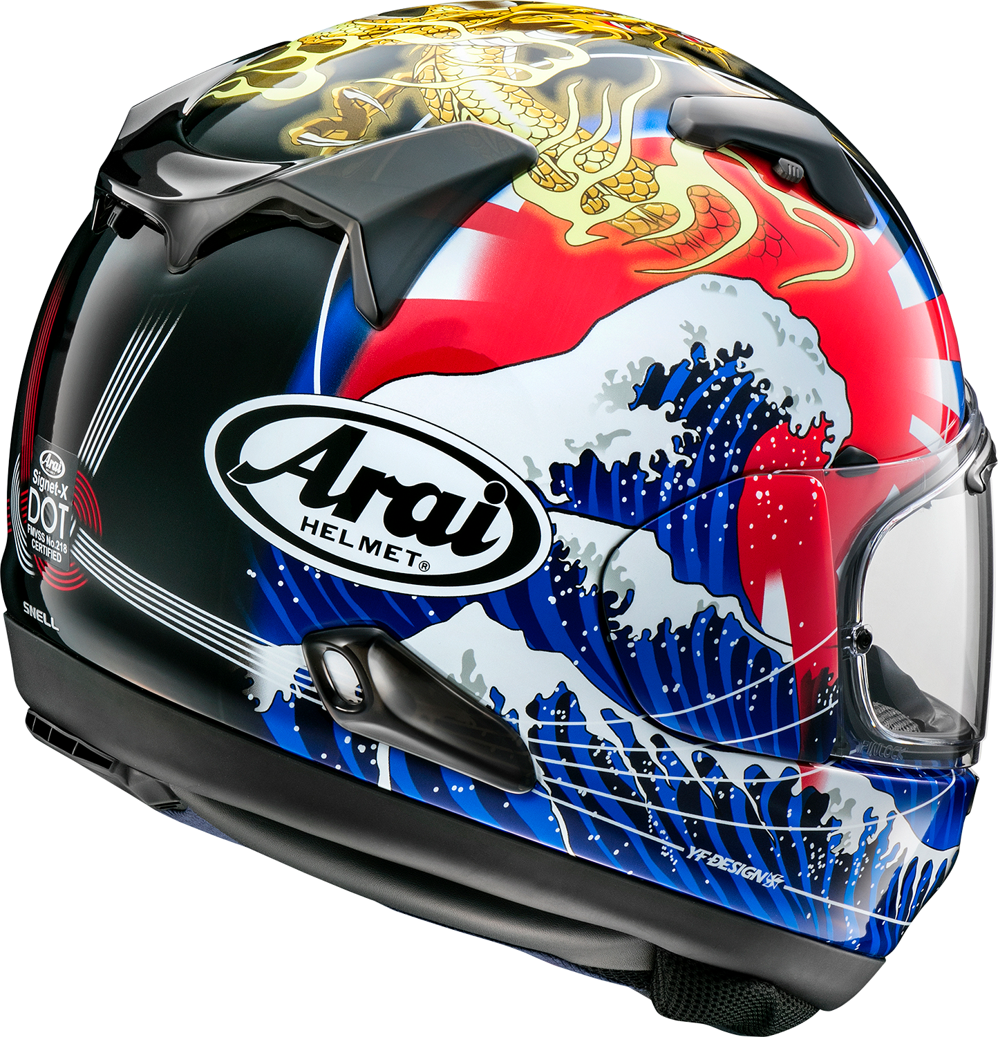 Arai Signet-X helmet in Oriental 2 design, XS size, featuring a sleek motorcycle helmet with detailed graphics by Arai Helmets.
