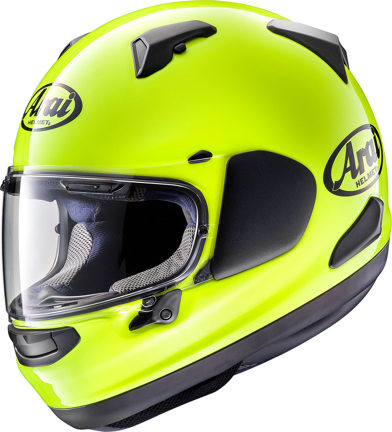 Arai Signet-X small helmet in fluorescent yellow with VAS shield system, featuring aerodynamic design and padded interior.