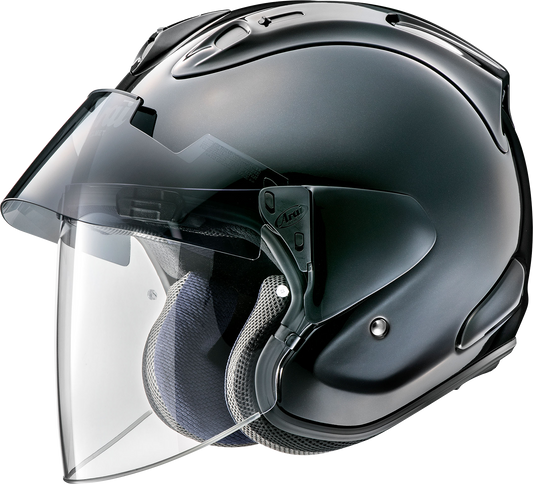 Arai Ram-X Diamond Black helmet in small size, featuring sleek black design and aerodynamic shape, displayed front view.