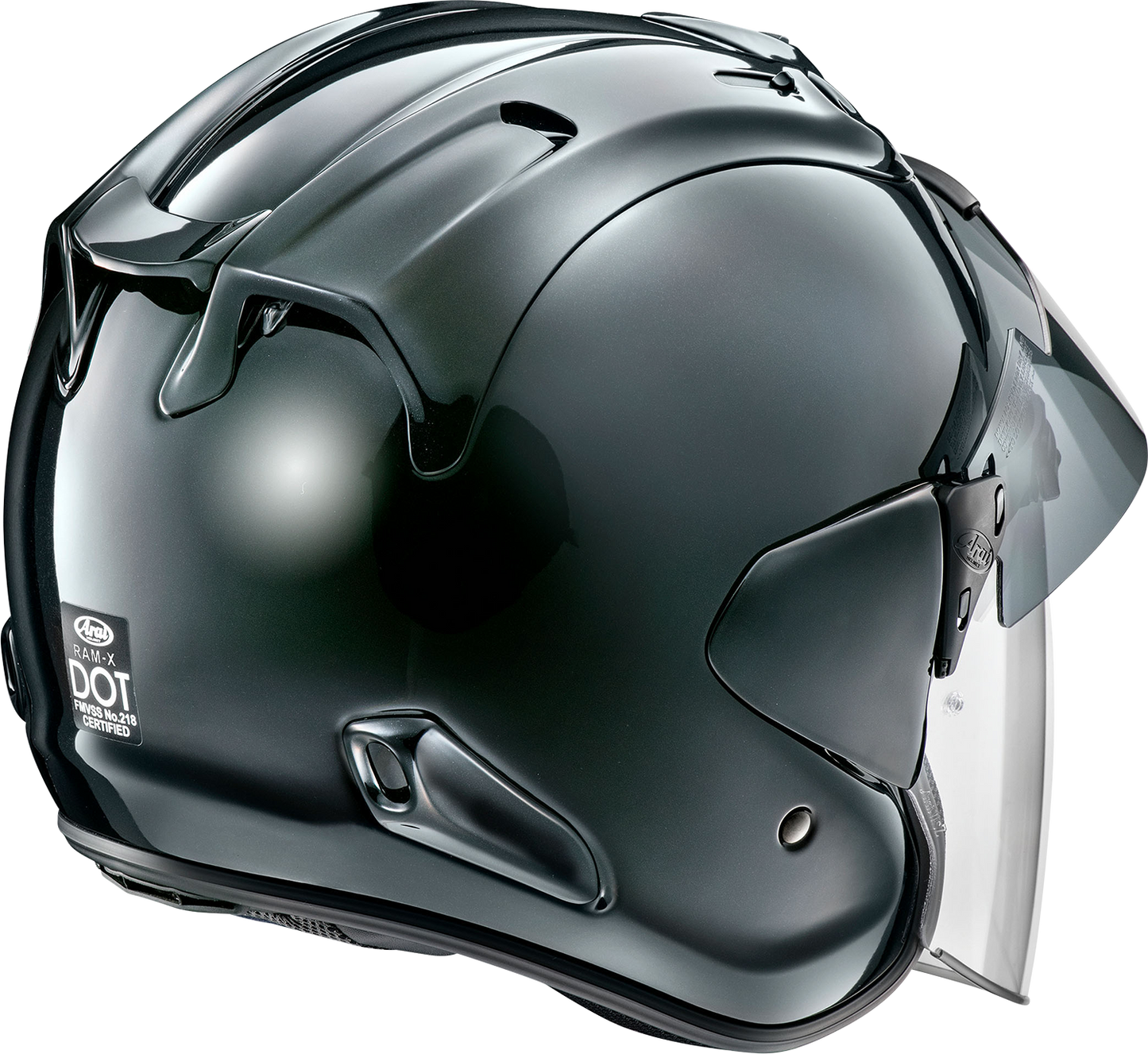 Arai Ram-X Diamond Black helmet in XS size with sleek black design, featuring aerodynamic shape and ventilation details.