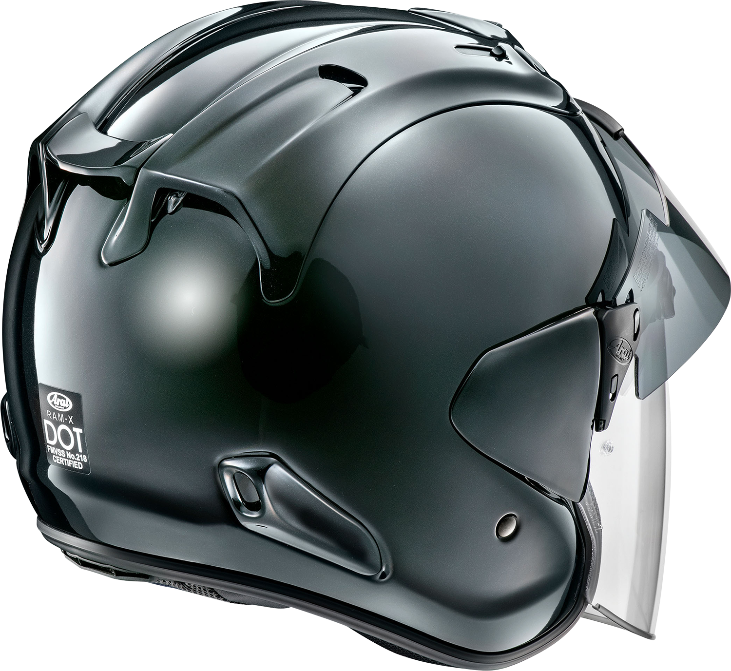 Arai Ram-X Diamond Black helmet in XS size with sleek black design, featuring aerodynamic shape and ventilation details.