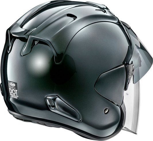Arai Ram-X Diamond Black helmet in XS size with sleek black design, featuring aerodynamic shape and ventilation details.