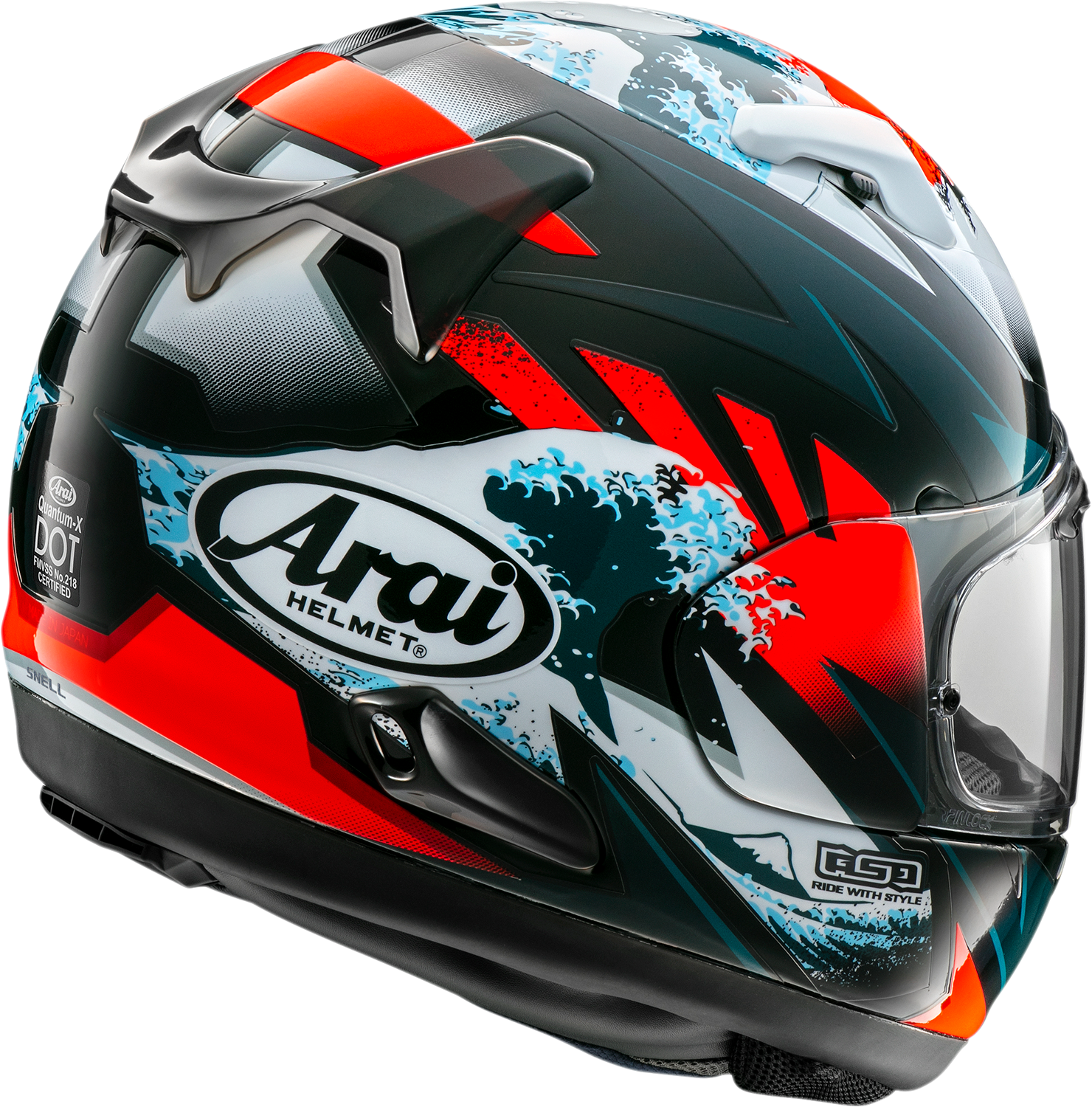 Arai Helmets Quantum-X Wave large motorcycle helmet with sleek design and ventilation system, showing the helmet's front view.