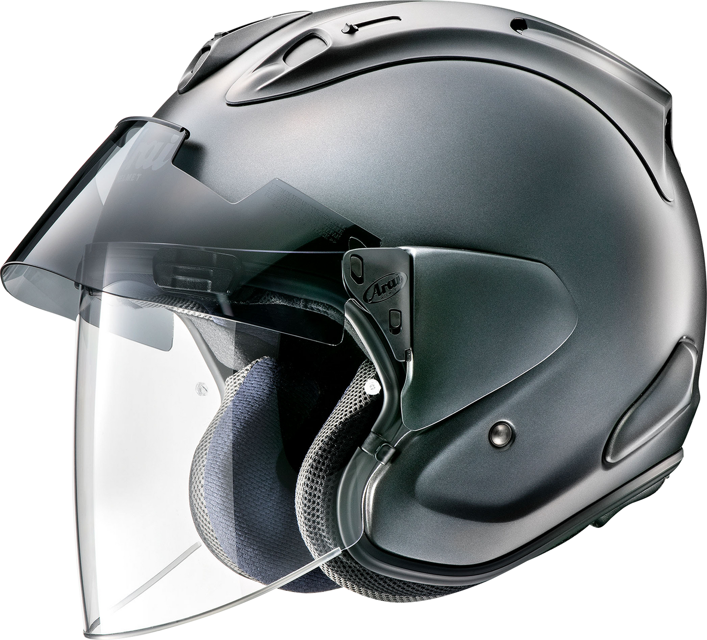Arai Ram-X small motorcycle helmet in gun metallic frost color with aerodynamic design and ventilation features.