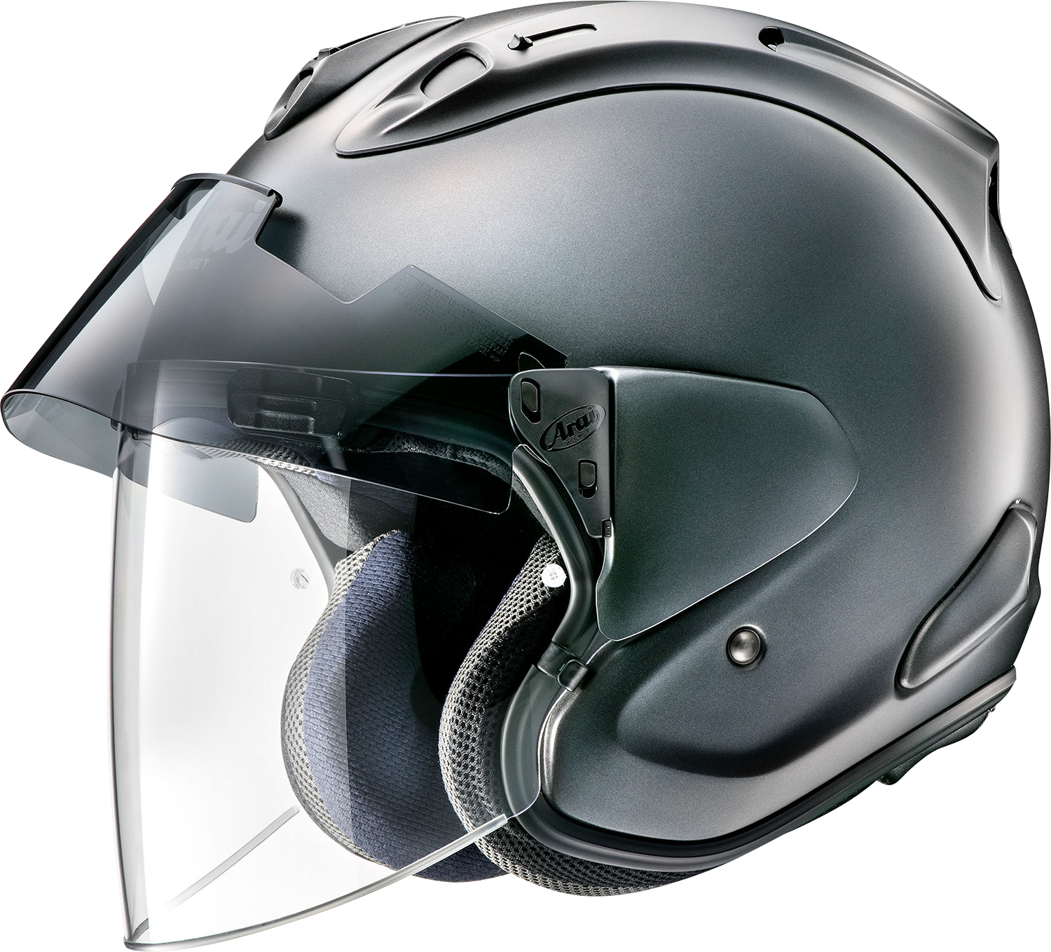 Arai Ram-X small motorcycle helmet in gun metallic frost color with aerodynamic design and ventilation features.