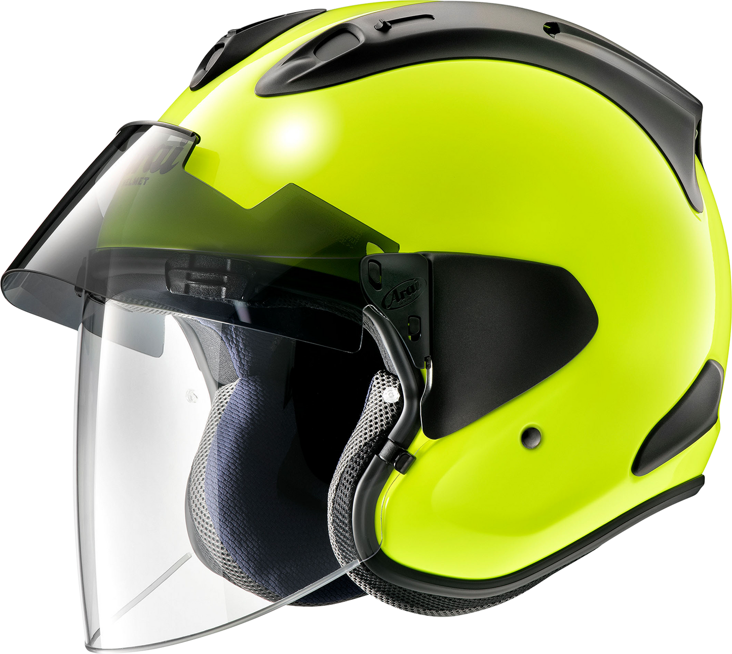 Arai Helmets Ram-X Fluorescent Yellow motorcycle helmet with ventilated design and small size, featuring bold yellow color.
