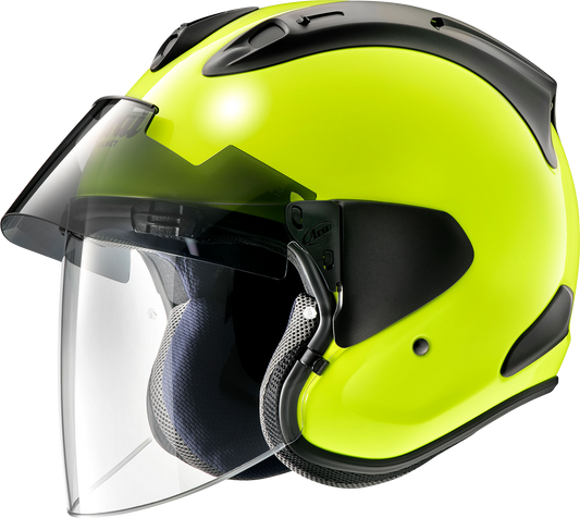 Arai Helmets Ram-X motorcycle helmet in fluorescent yellow with VAS-Z shield system, showing the large helmet design and visor.
