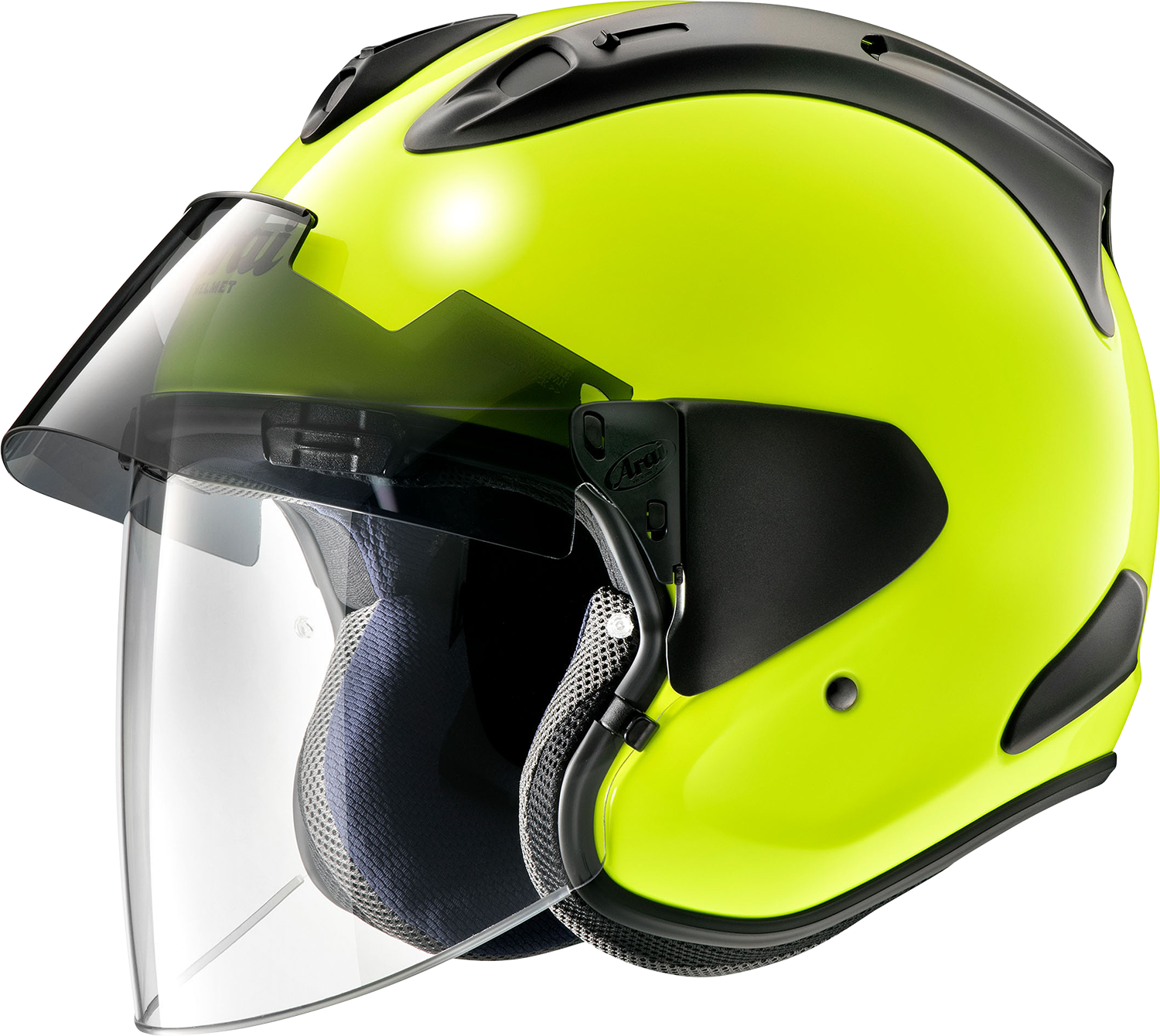 Arai Ram-X helmet in fluorescent yellow with black accents, medium size, featuring aerodynamic vents and secure chin strap.