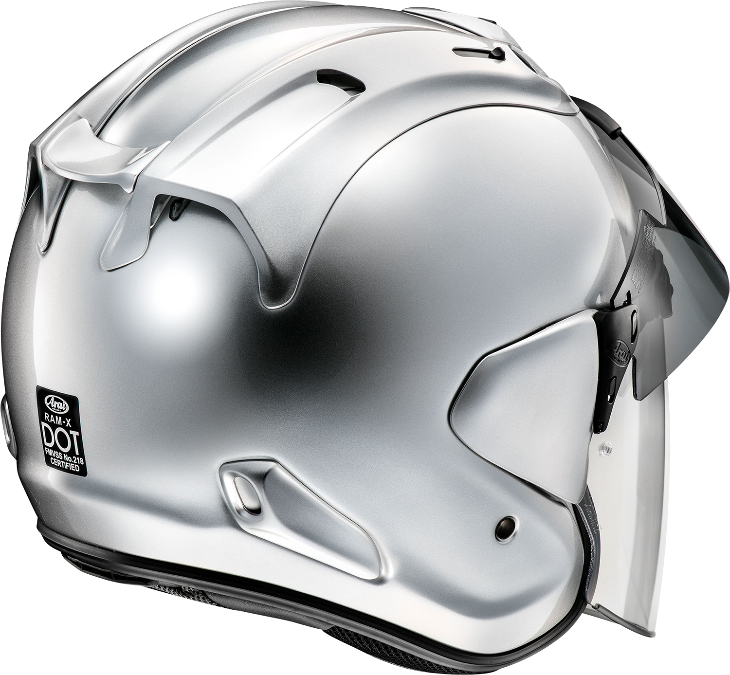 Arai Helmets Ram-X XS silver aluminum motorcycle helmet with VAS-Z shield system, showing the sleek design and shield details.