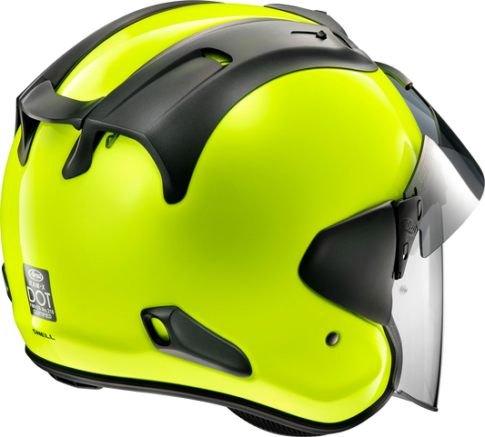Arai Helmets Ram-X large fluorescent yellow motorcycle helmet with VAS-Z shield system, showing the sleek aerodynamic design.