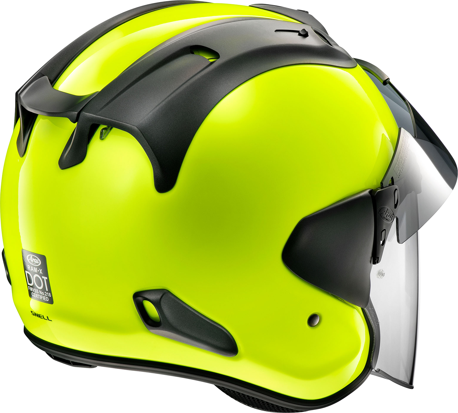 Arai Helmets Ram-X large fluorescent yellow motorcycle helmet with VAS-Z shield system, showing the sleek aerodynamic design.