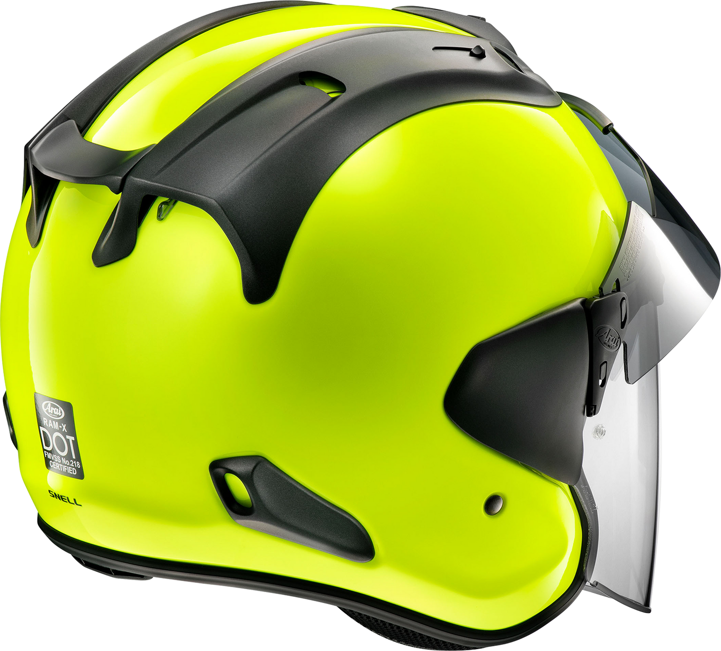 Arai Ram-X helmet in fluorescent yellow with black visor, medium size, showing the sleek aerodynamic design and ventilation vents.