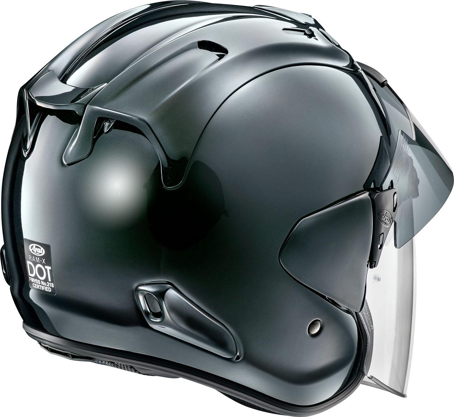 Arai Ram-X helmet in modern gray, size XS, featuring aerodynamic design and secure strap, on a plain background.