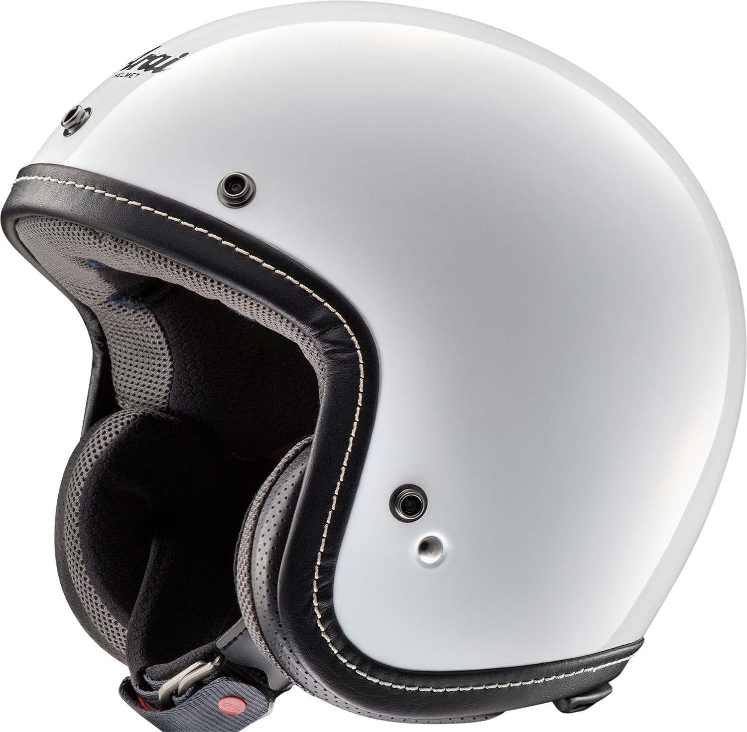 White ARAI Classic-V helmet in extra small size, featuring a sleek design and secure strap for motorcycle riding safety.