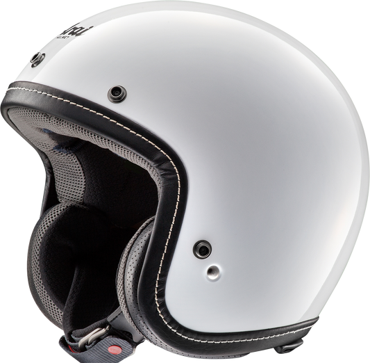 White ARAI Classic-V helmet in extra small size, featuring a sleek design and secure strap for motorcycle riding safety.