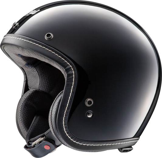 Black ARAI HELMETS Classic-V motorcycle helmet with advanced ventilation, XS size, intermediate oval fit, showcasing aerodynamic design.