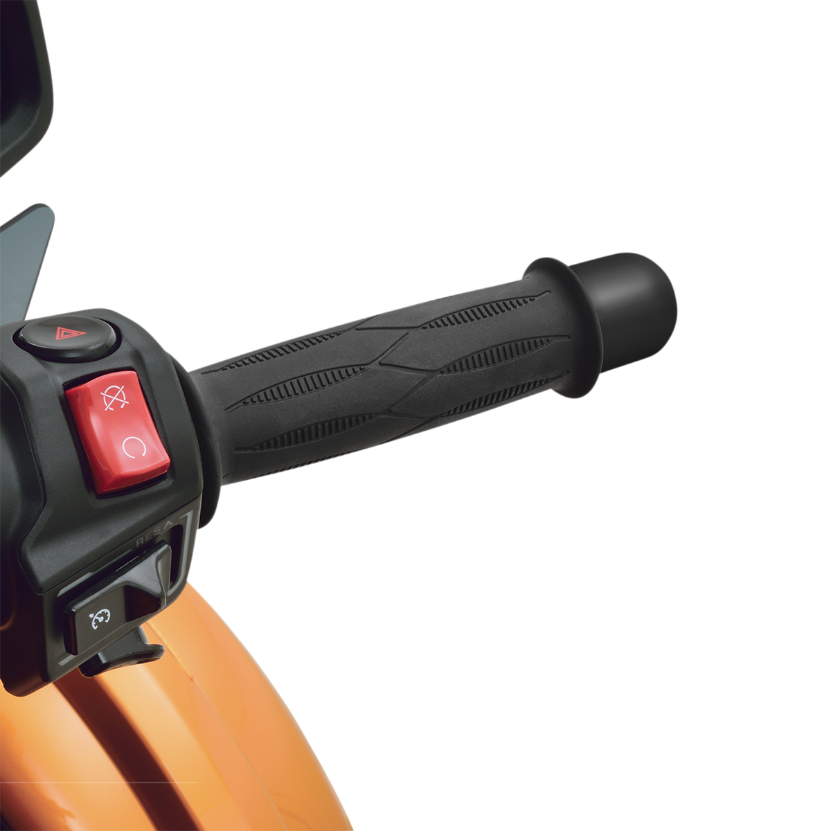 Can-Am motorcycle handlebar end weights in chrome, designed by Bill's Exhausts, shown attached to the handlebars.