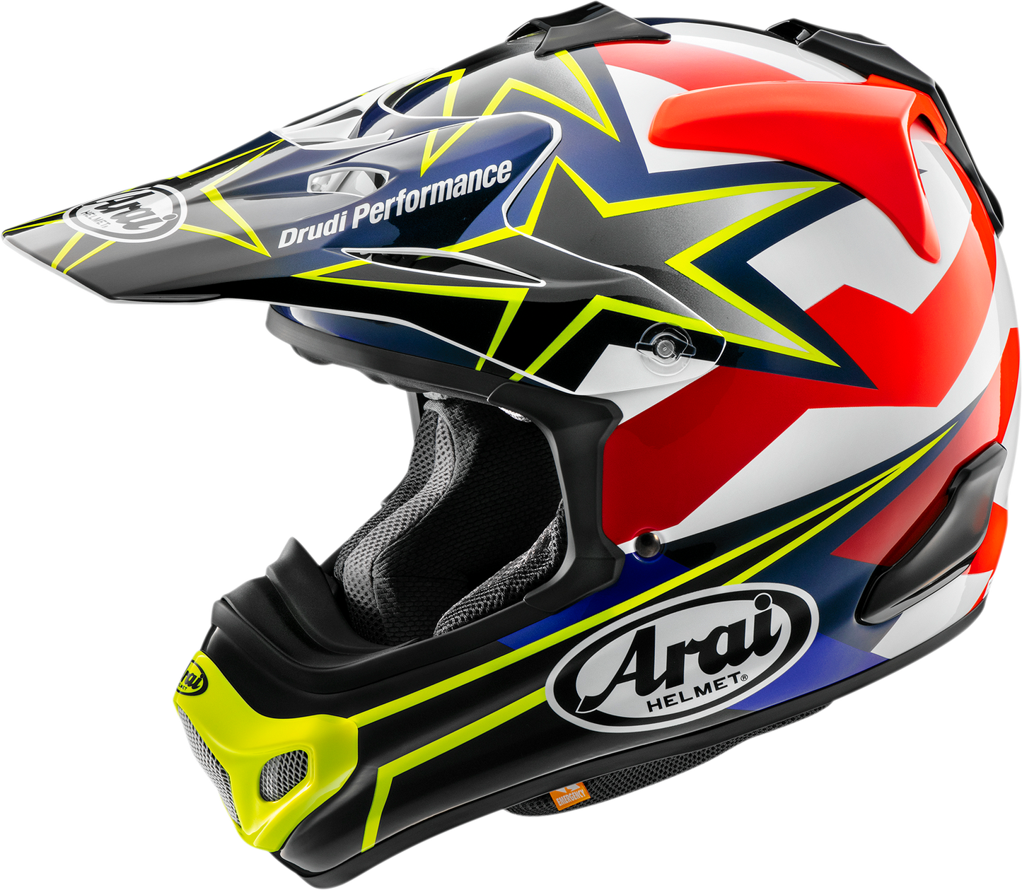 ARAÏ HELMETS VX-Pro4 Stars & Stripes off-road helmet in yellow, small size, with advanced protective features for motocross riding.