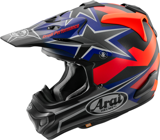 Arai VX-Pro4 Stars & Stripes Black Frost off-road motorcycle helmet with helmet straps and venting, designed for adventure riding.