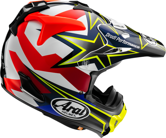 Yellow ARAI HELMETS VX-Pro4 Stars & Stripes motorcycle helmet with XS size, featuring a bold, patriotic star pattern.