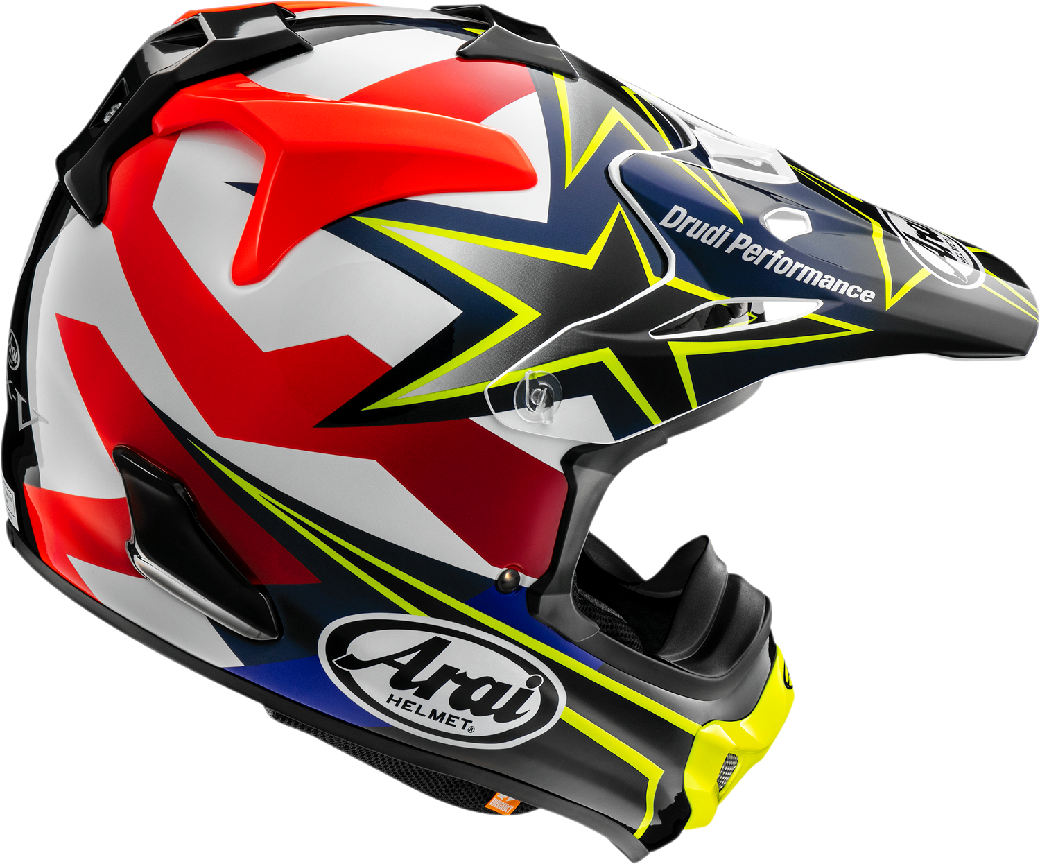 Yellow ARAI HELMETS VX-Pro4 Stars & Stripes off-road helmet with advanced protection, small size, featuring star and stripe design.