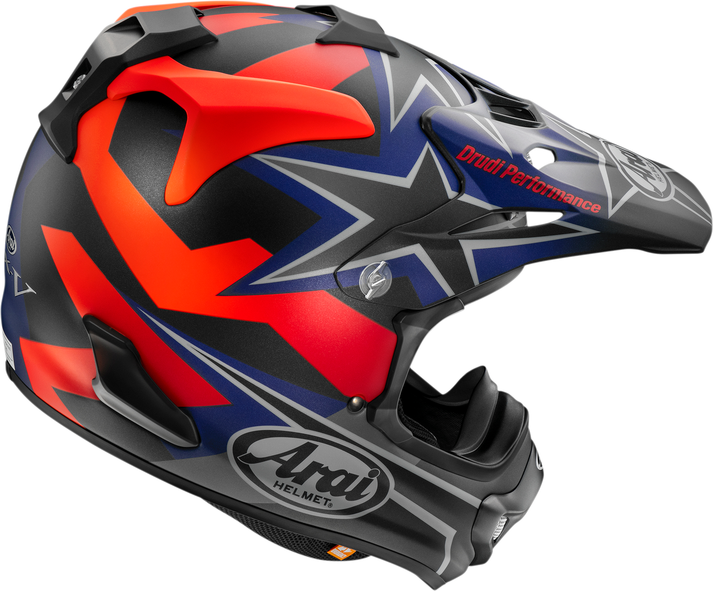 Arai VX-Pro4 Stars & Stripes Black Frost motorcycle helmet with bold star and stripe design, large size, front view.