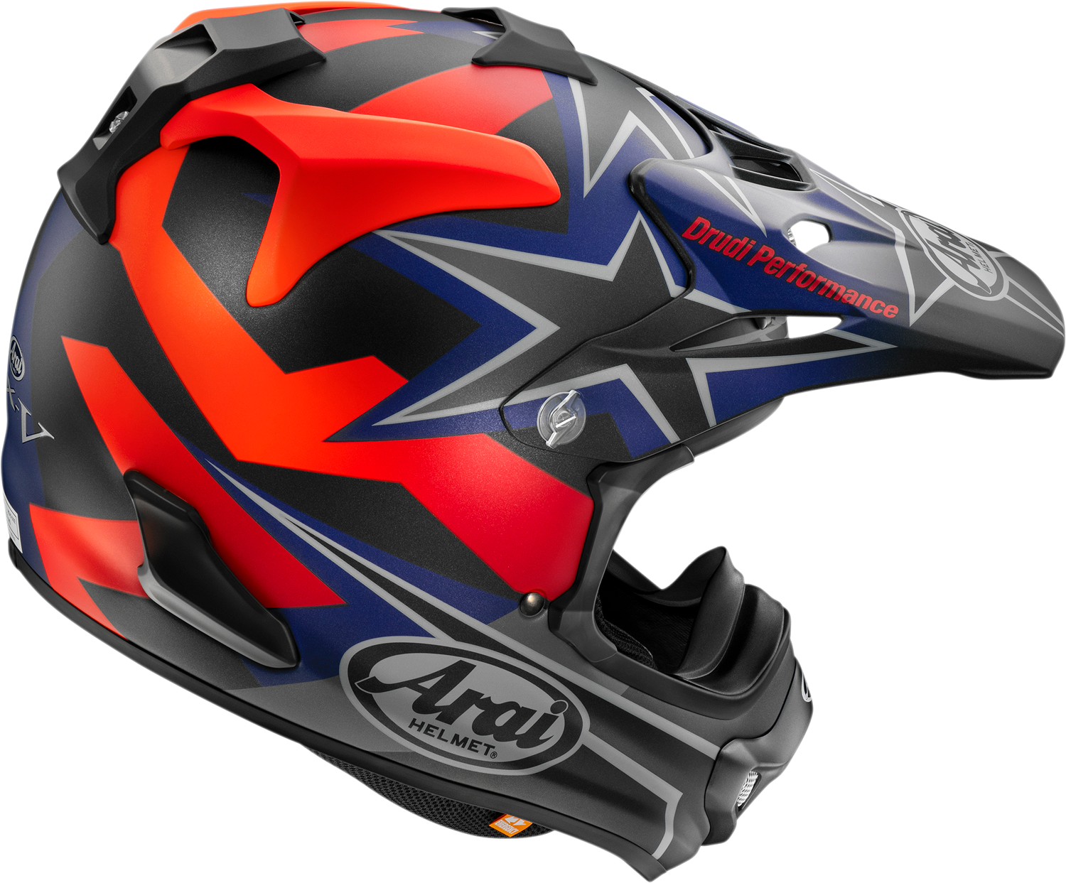 Arai VX-Pro4 Stars & Stripes Black Frost motorcycle helmet with bold star and stripe design, large size, front view.