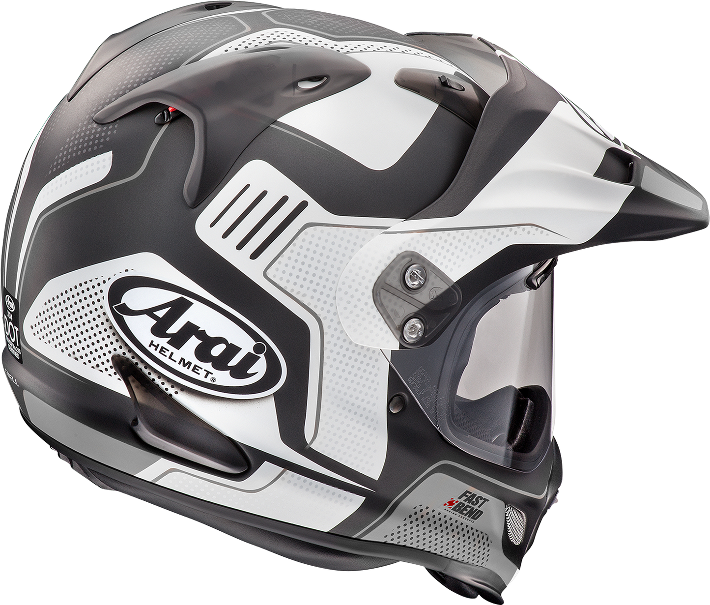 Arai XD-4 helmet in white frost color showing the helmet's front view with branding and vent details, size XS.