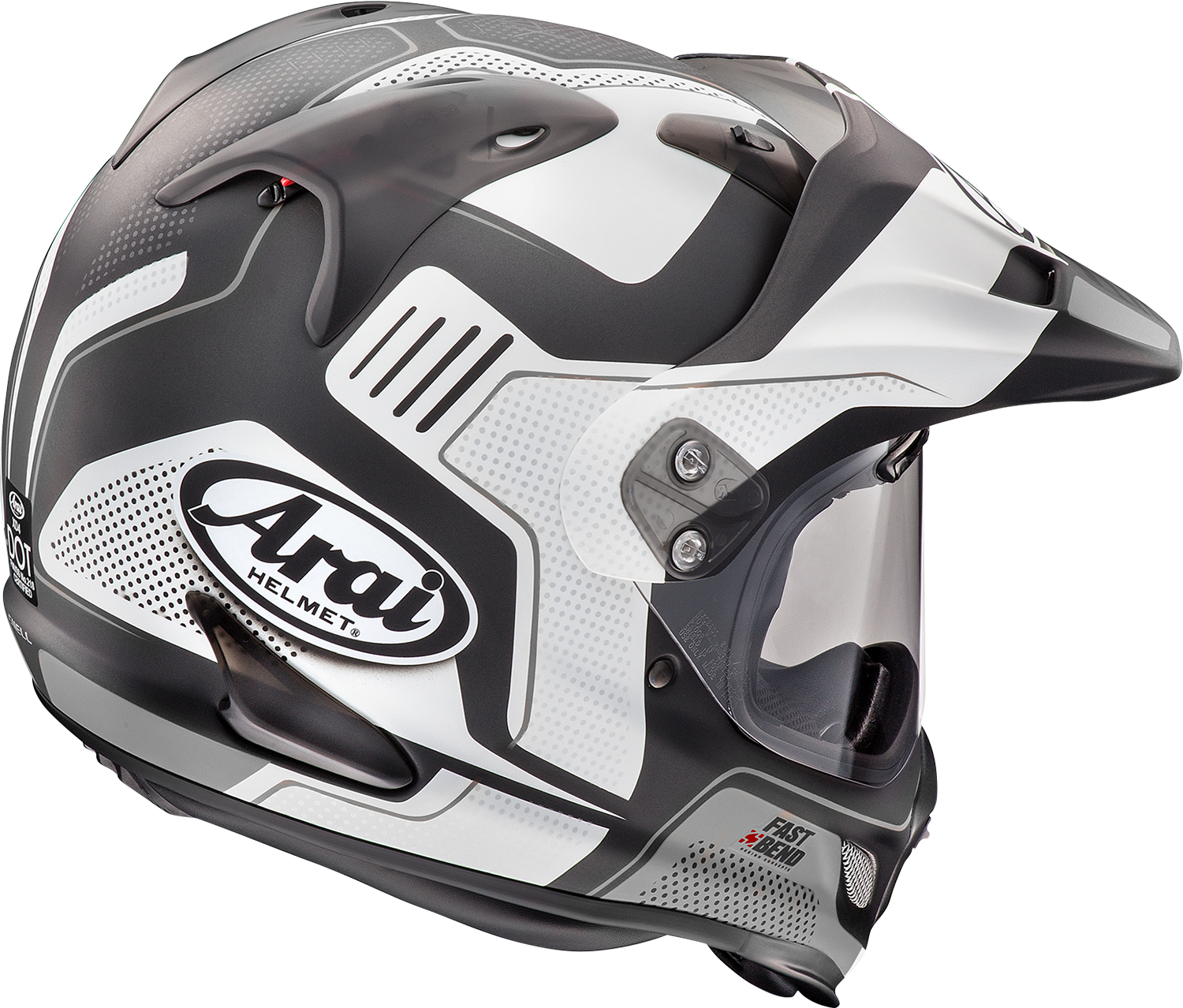 Arai XD-4 helmet in white frost color showing the helmet's front view with branding and vent details, size XS.