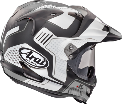 Arai XD-4 helmet in white frost color showing the helmet's front view with branding and vent details, size XS.