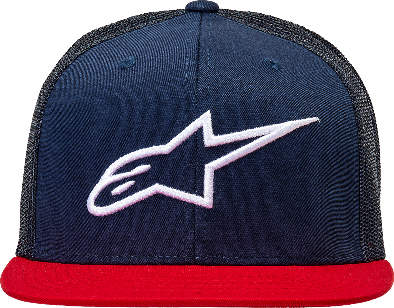 Bill's Exhausts Alpinstars Corp Trucker Hat in navy and red, one size, with mesh back and embroidered logo on front.