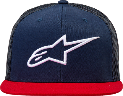 Bill's Exhausts Alpinstars Corp Trucker Hat in navy and red, one size, with mesh back and embroidered logo on front.