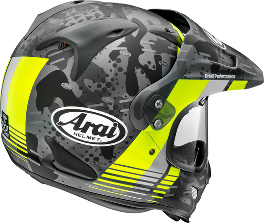 Bright fluorescent yellow frost Arai Helmets XD-4 helmet cover on XS-sized helmet, showcasing protective gear for motorcycle riders.
