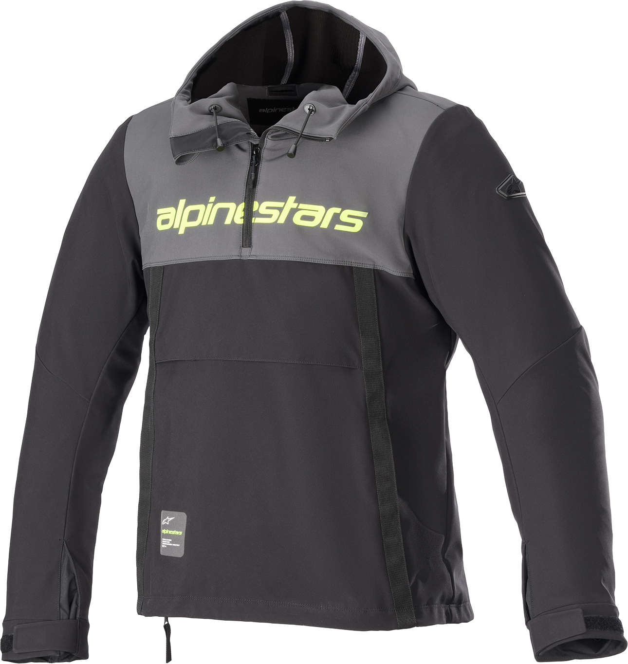 Alpinestars Sherpa Jacket in 2XL, black, gray, and yellow with Nucleon back protector compatibility, shown front view.