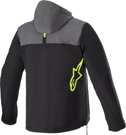 Alpinestars Sherpa Jacket in 2XL with black, gray, and yellow colors, featuring Nucleon back protector compatibility and a cozy fleece interior.