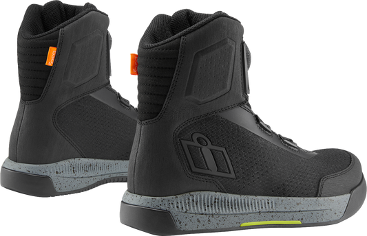 ICON Overlord™ Vented Boots in black with sturdy sole and ventilation panels, designed for motorcycle riding comfort and safety.