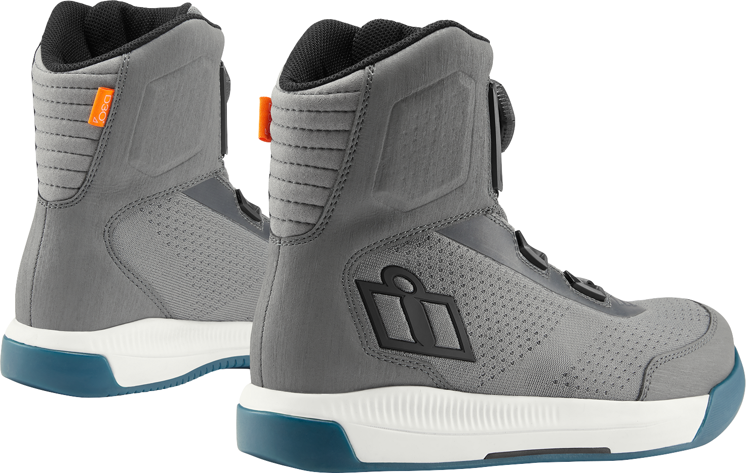 ICON Overlord Vented Boots in gray with TechTuff overlays and BOA Fit System, US size 10 / EU 44, side view showing ventilation features.