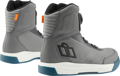 ICON Overlord Vented Boots in gray, US size 12, EU 46, featuring durable construction and vented design for riding comfort.