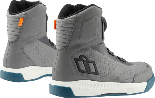 ICON Overlord™ Vented Motorcycle Boots in gray with TechTuff® overlays and BOA® Fit System, US 13 / EU 47, shown from side view.