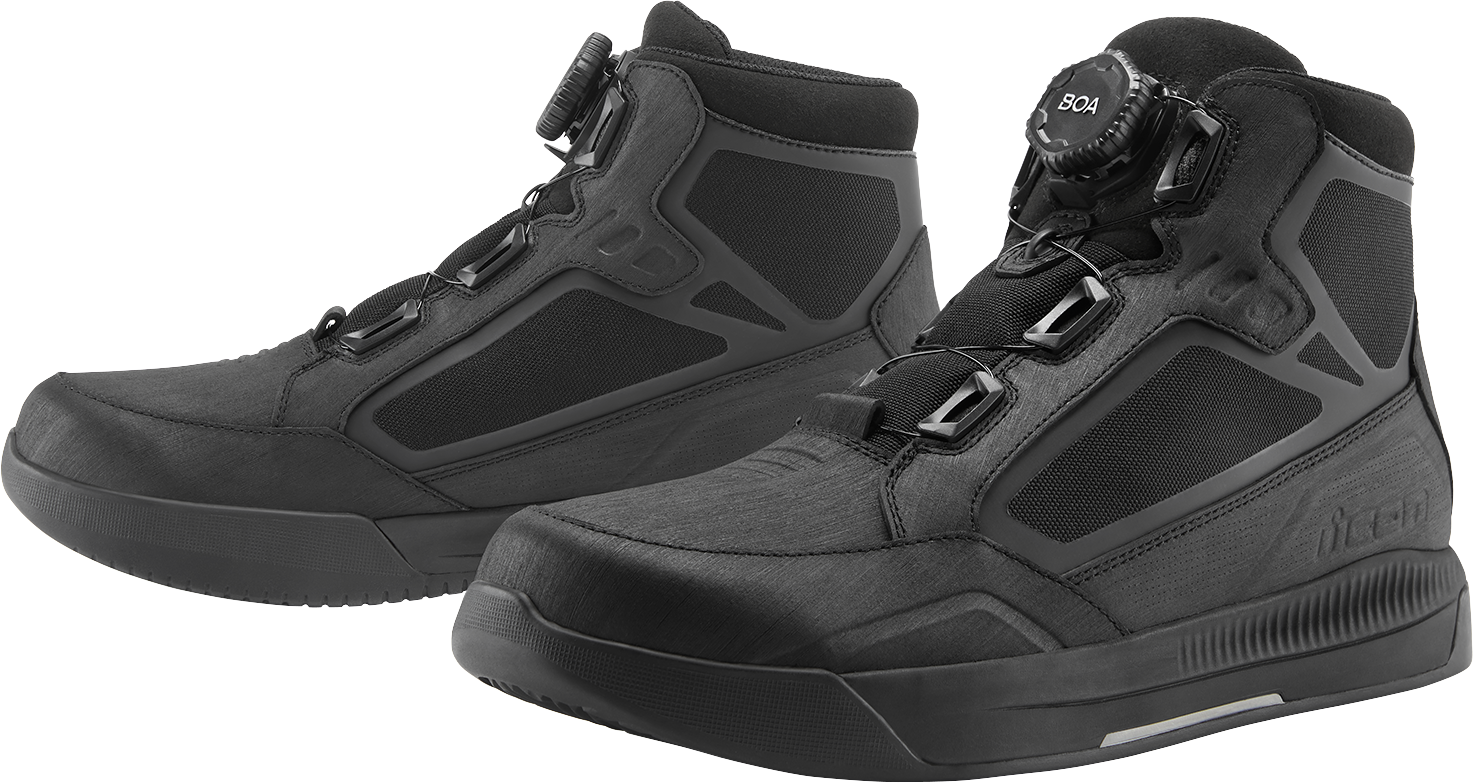 ICON Patrol 3™ waterproof black boots for men, size 8.5, featuring durable waterproof material and rugged design.