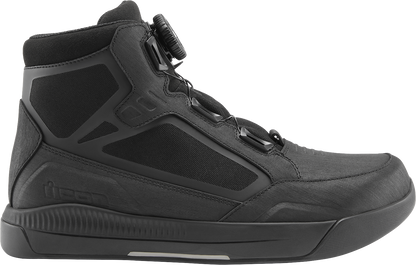 ICON Patrol 3™ waterproof black boots, size 9.5, featuring rugged design and sturdy construction for outdoor wear.
