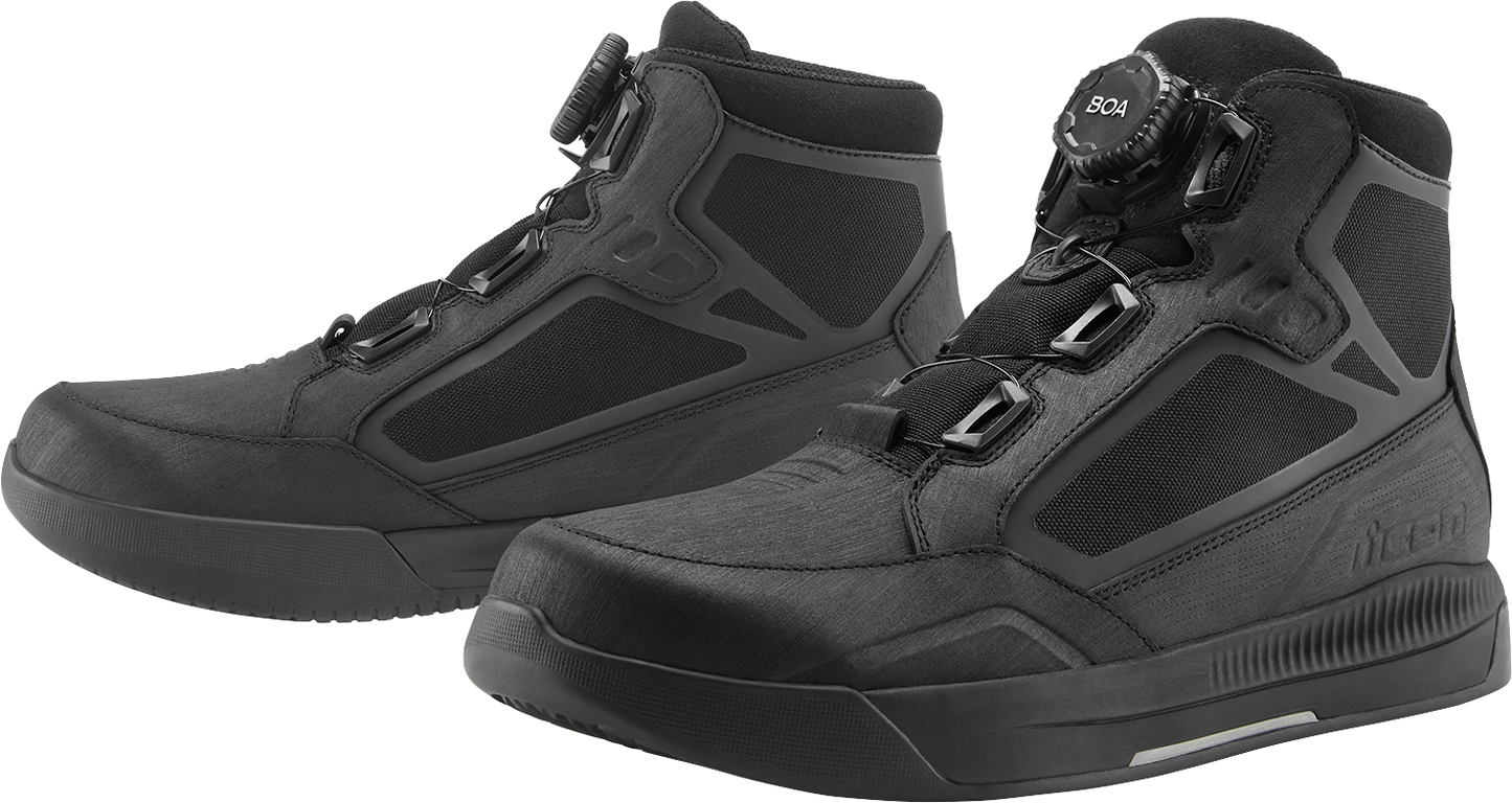 ICON Patrol 3 waterproof boots in size 11.5 with rugged black leather and sturdy rubber soles, designed for outdoor durability.