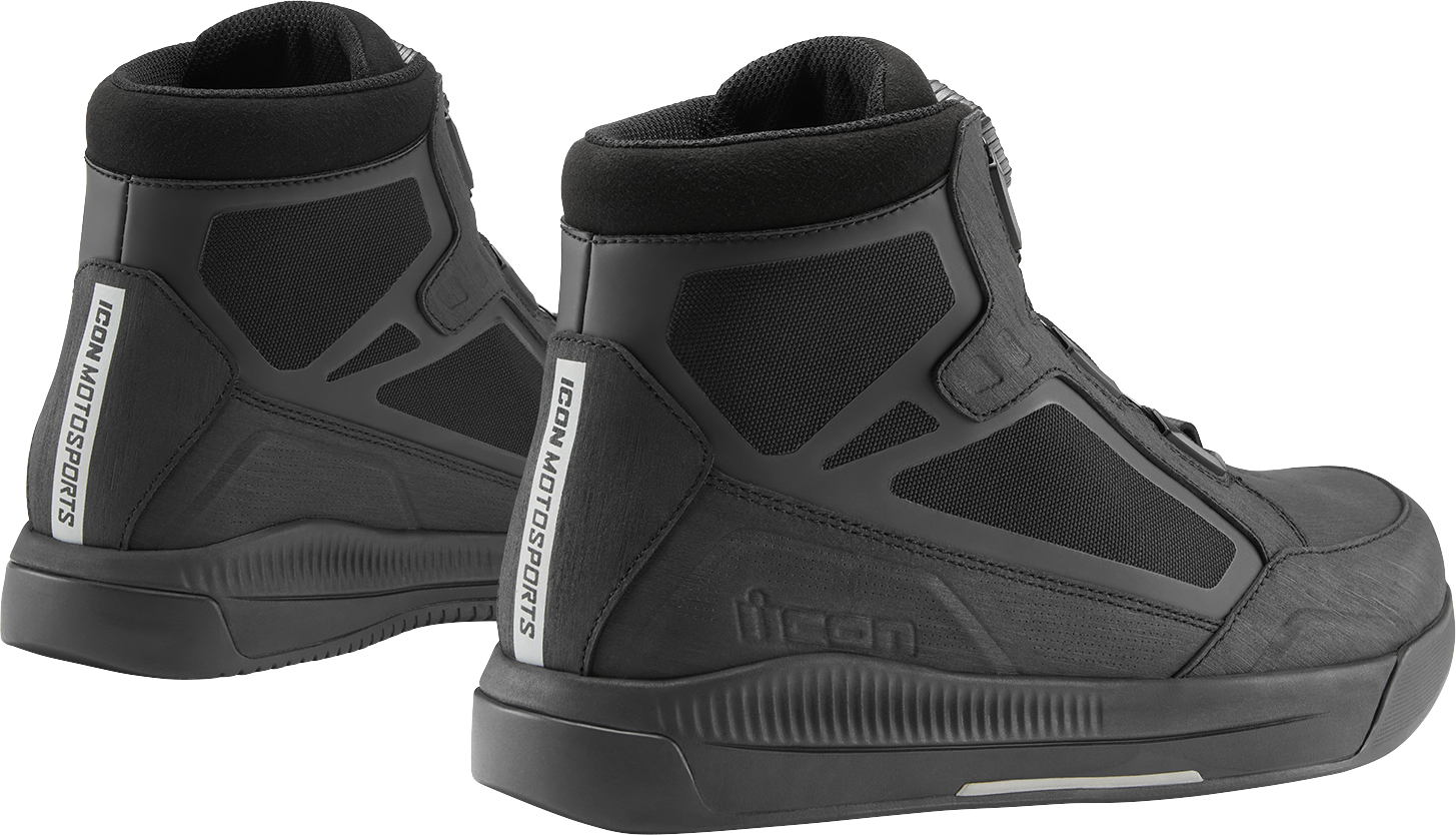 ICON Patrol 3™ waterproof black boots size 12 with BOA fit system and reinforced shifter overlay showing outsole detail