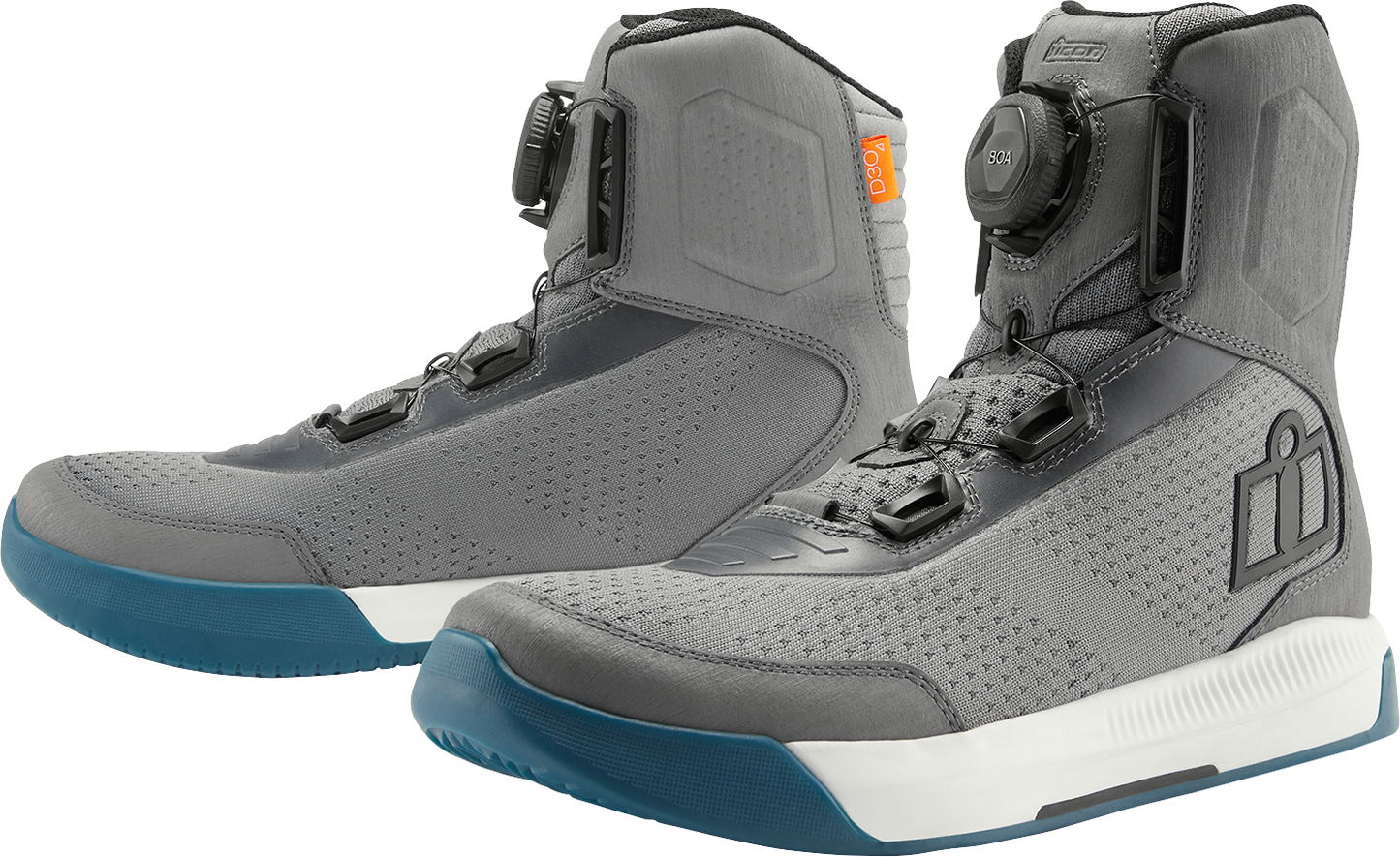 Gray ICON Overlord Vented Boots in US 10.5 / EU 44.5, showing the durable motorcycle footwear with vents and rugged sole.